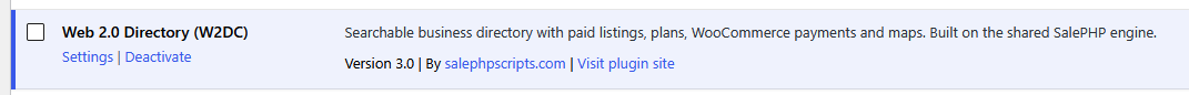 The Plugins screen with Web 2.0 Directory (W2DC) activated.
