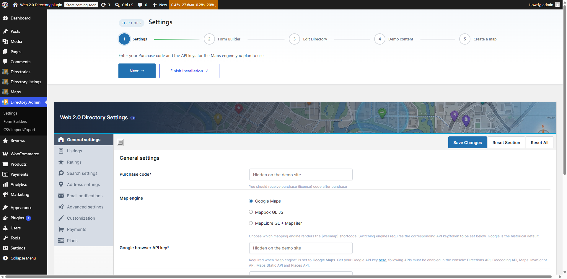 The Purchase code field on the General settings tab, with the map engine and API key fields below it.