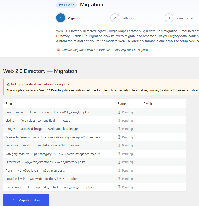 Setup wizard — Migration step: the import screen shown only when the wizard detects data from a previous Web 2.0 Directory installation.