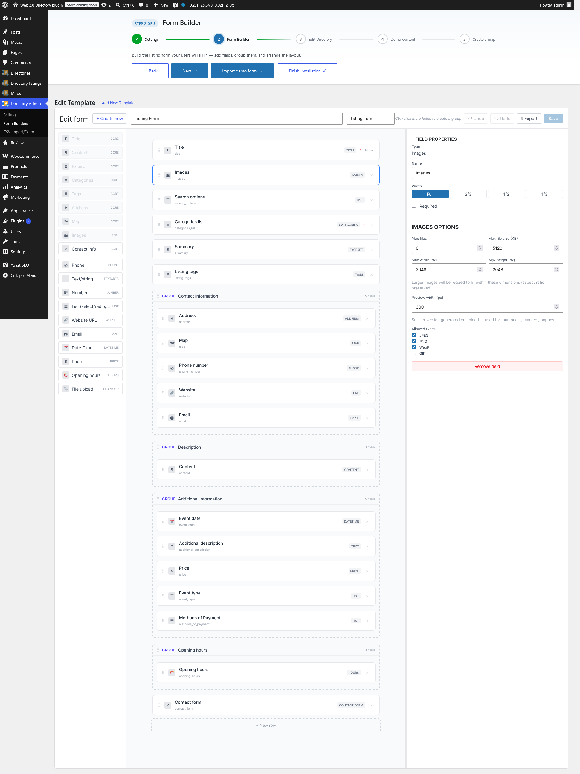 Setup wizard on the Form Builder step, showing the drag-and-drop listing form editor.