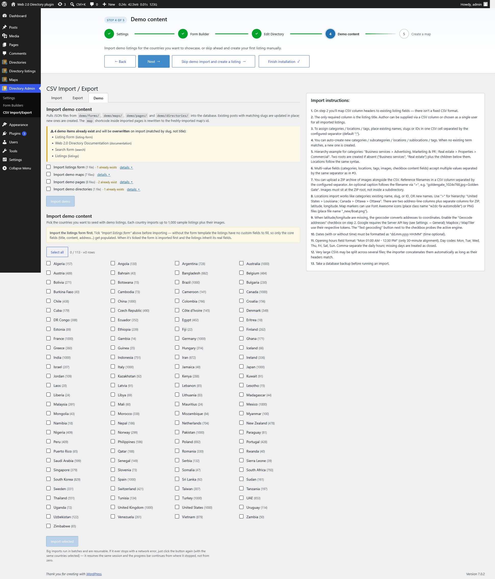 Setup wizard — Demo content step: choose sample listings to import (adds a Demo tab to the CSV import screen).
