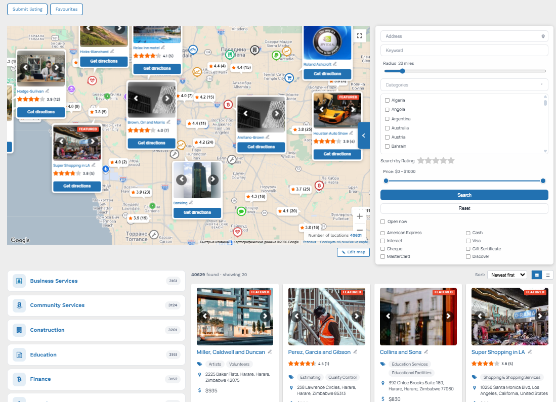 A published directory page (a page containing [webdirectory]) as visitors see it — page title, search form, category grid, map, and listings grid together.