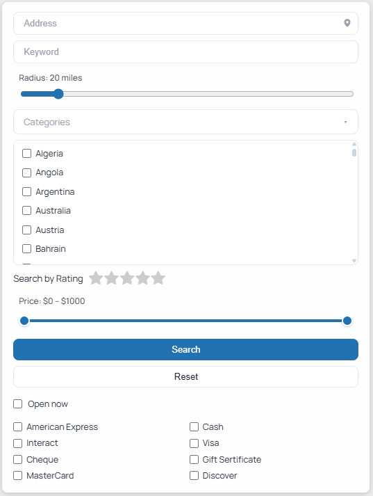 The directory search form rendered by the search element, showing the keyword, location, and taxonomy filters.