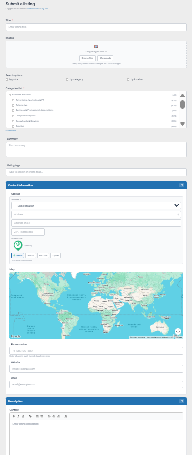 The submission page a member uses to add a listing, including the plan-selection step.