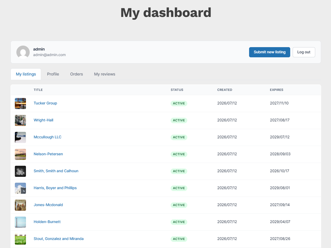The member dashboard 'My Listings' tab, where users manage their own listings.