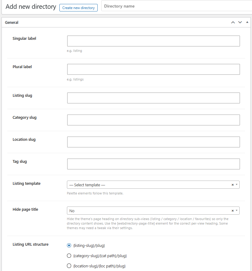 Creating a directory: the General settings (labels, URL slugs, listing template) on the left of the directory edit screen.