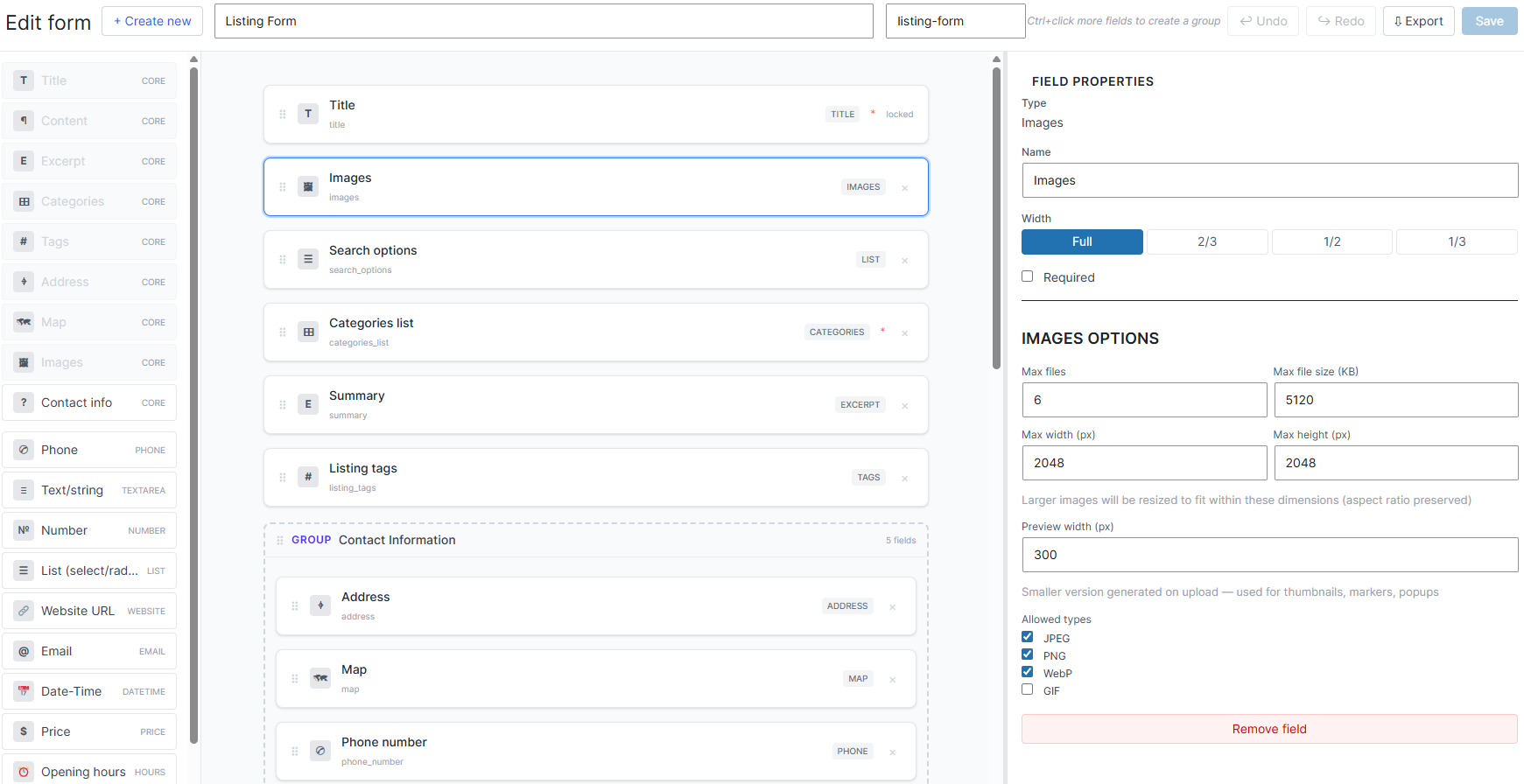 The drag-and-drop Form Builder assembling a listing form from the field palette (text, price, date, opening hours, address, image upload).