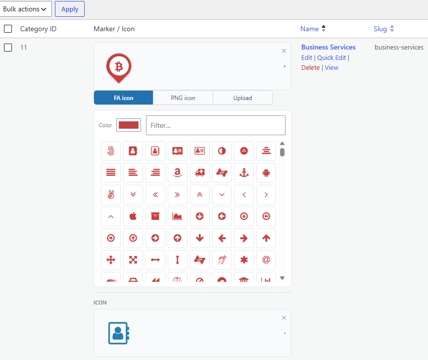 A category term's icon picker offering a Font Awesome glyph with colour, a bundled PNG, or an uploaded image.