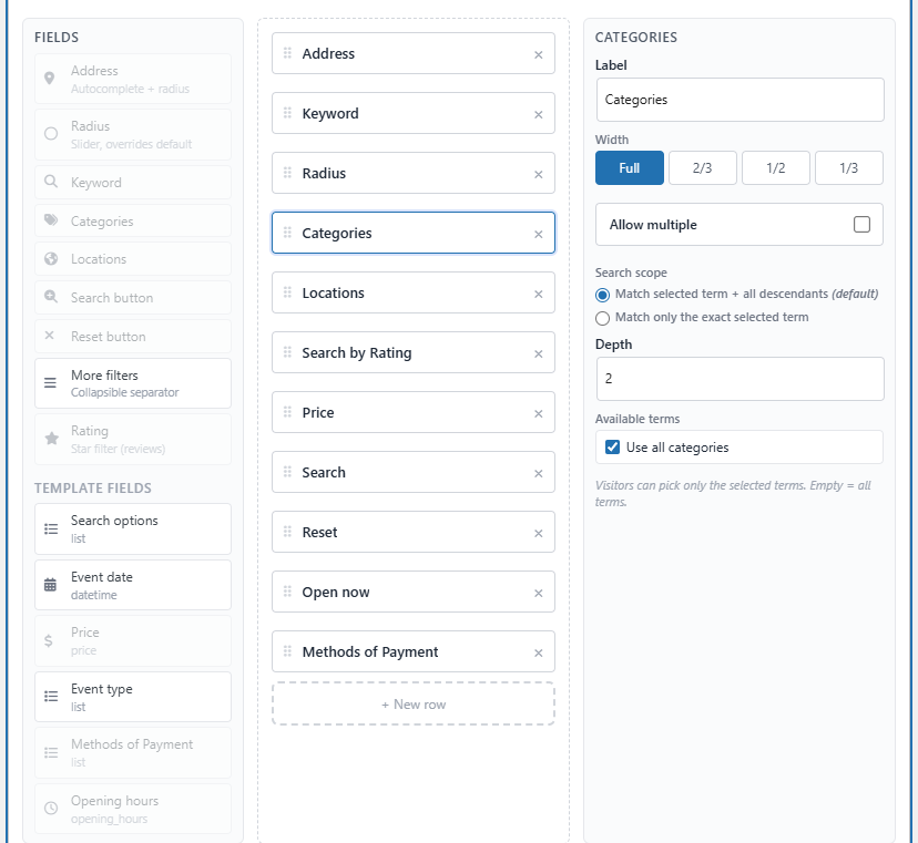 Building the on-map search form by dragging keyword, address+radius, category and custom-field slots onto the canvas.
