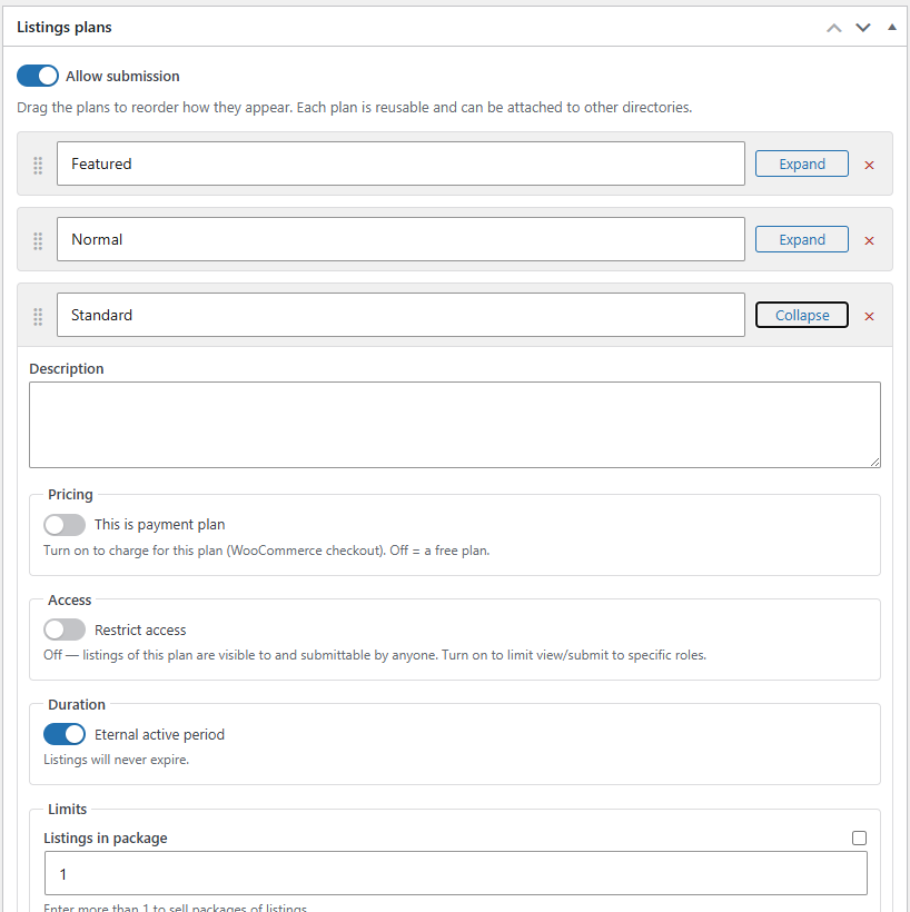 Editing a membership plan: pricing, active period, limits (images/categories) and sticky/highlight display flags.