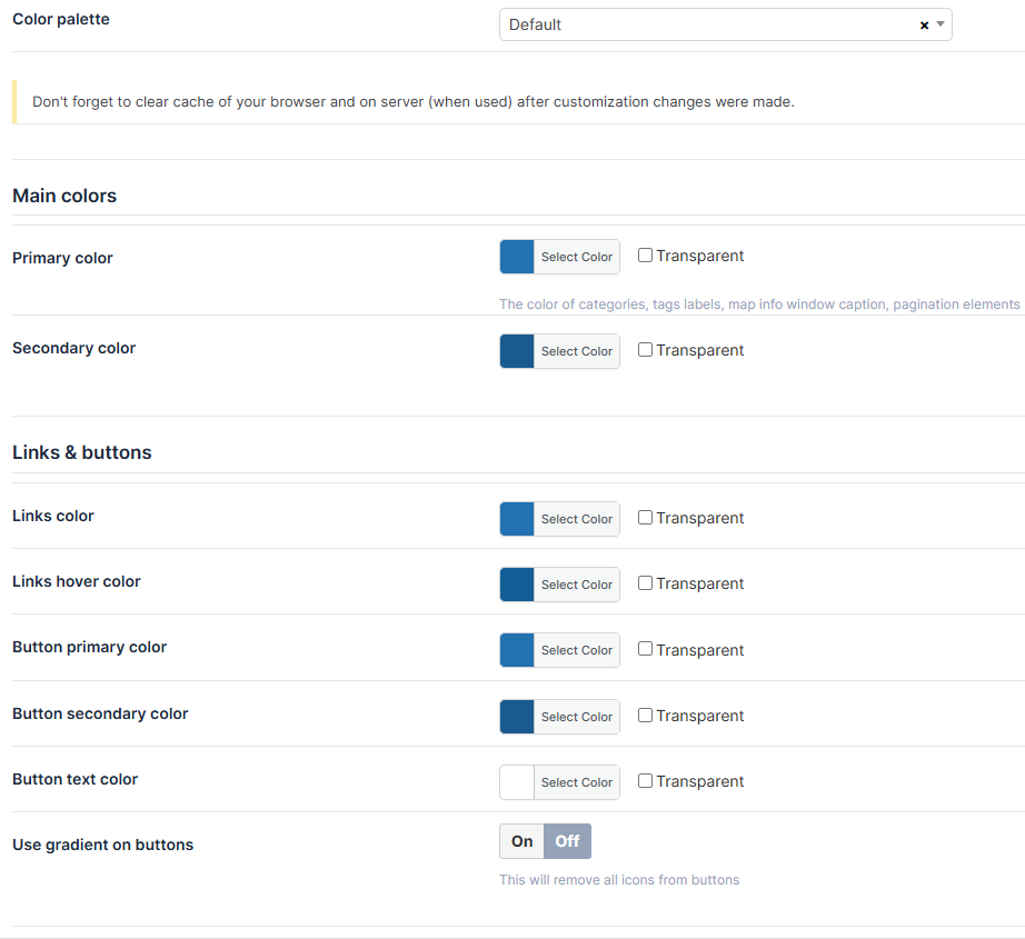 The Customization tab under Directory Admin -> Settings, showing the Color palette dropdown and the Main colors / Links & buttons / Images sections.